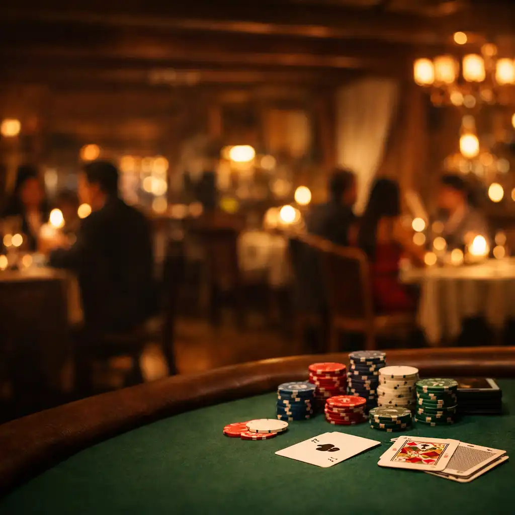 Elegantní restaurace s pokerovým stolem v teplém světle