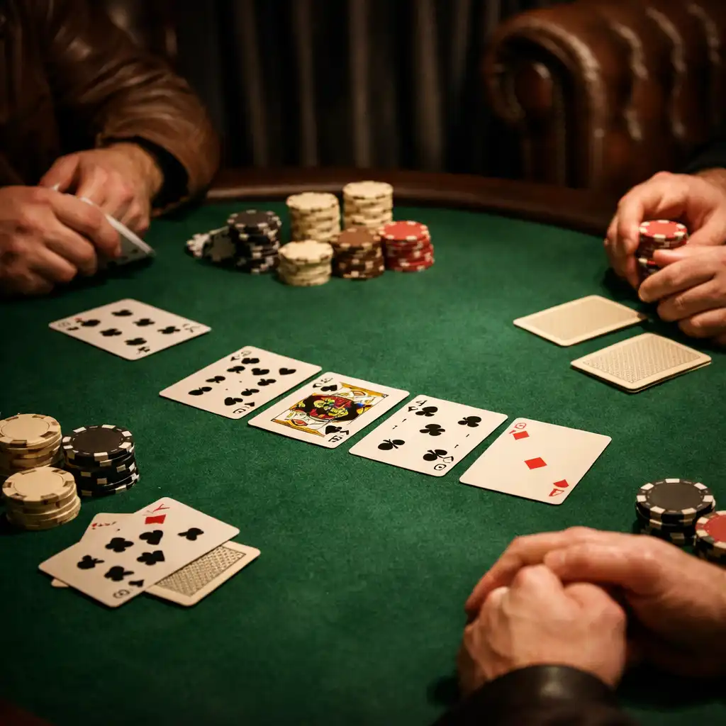 Pokerový stůl se zeleným filcem, kartami a žetony bez hodnoty
