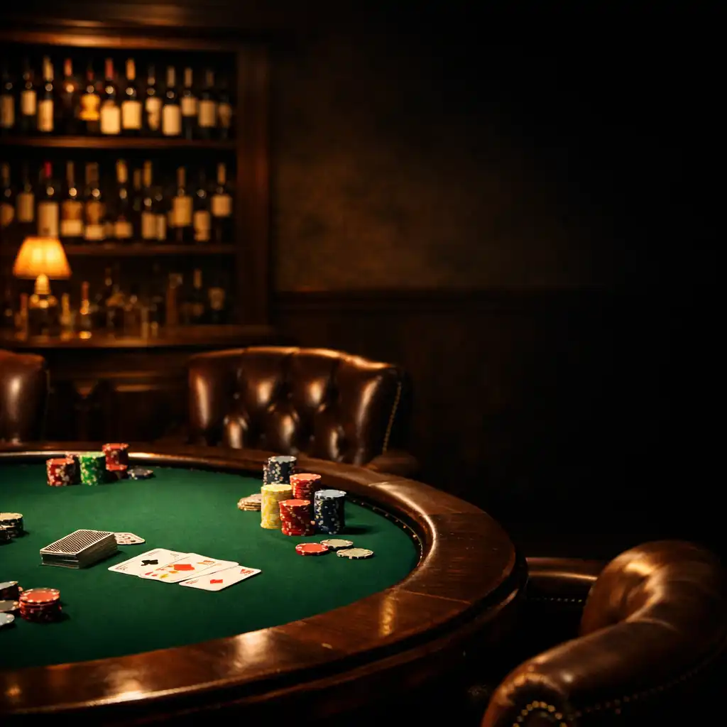 Pokerový salonek s koženými křesly a zeleným plátnem