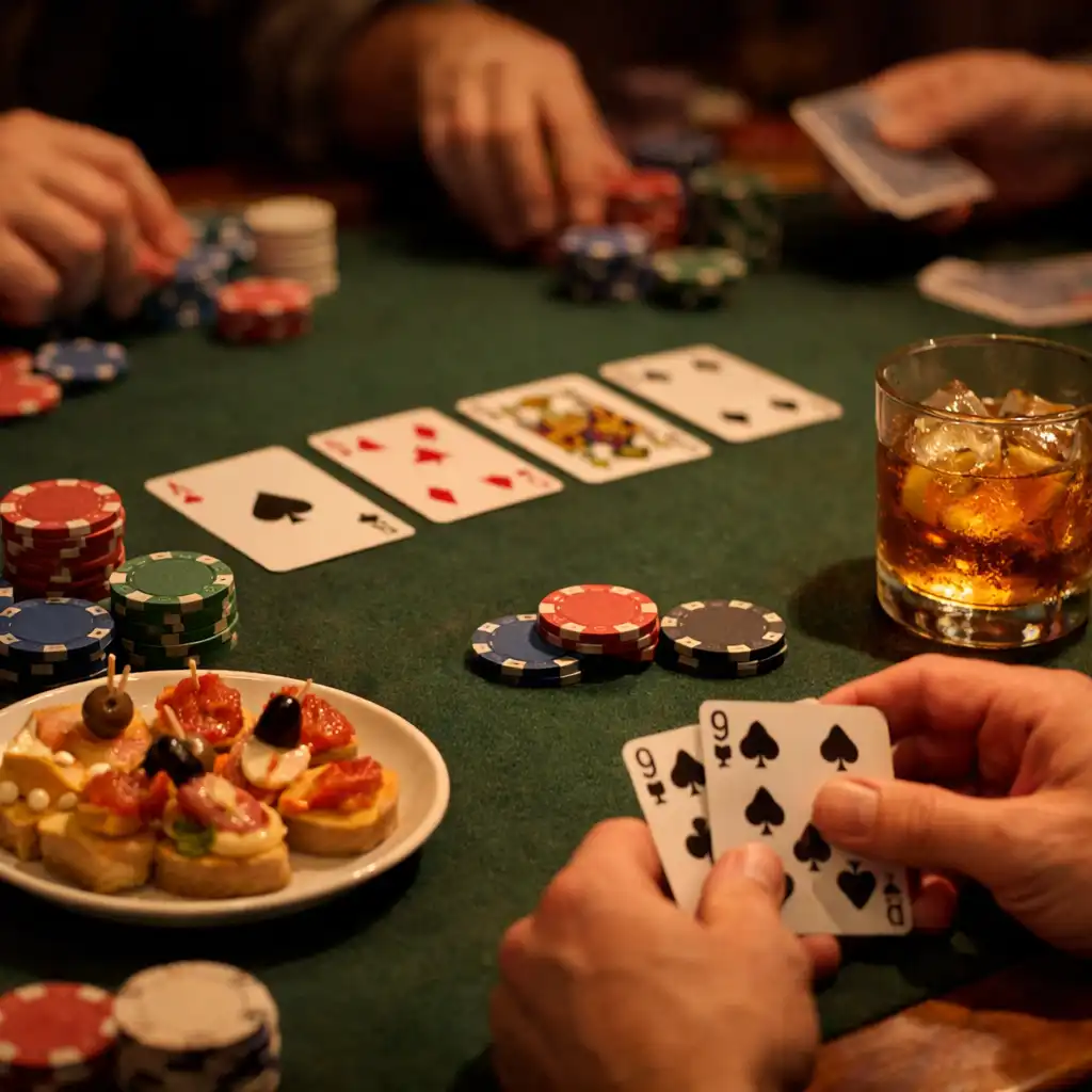 Pokerový stůl s kartami, žetony a malým talířem s občerstvením