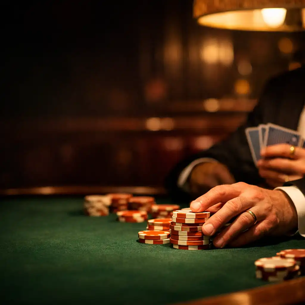 Detailní pohled na pokerový stůl s rukama hráčů a žetony v teplém osvětlení