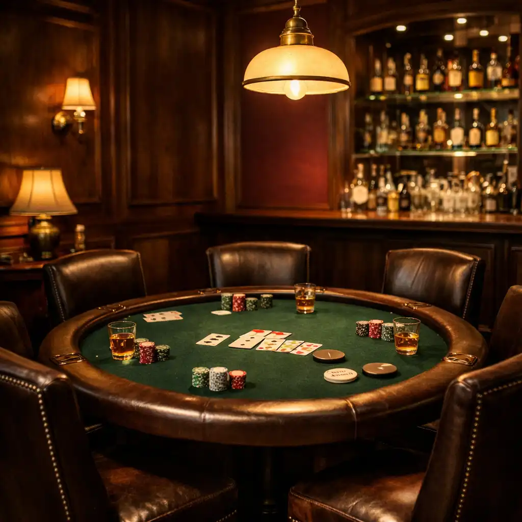 Interiér pokerového salonku s kulatým stolem, koženými židlemi a teplým osvětlením