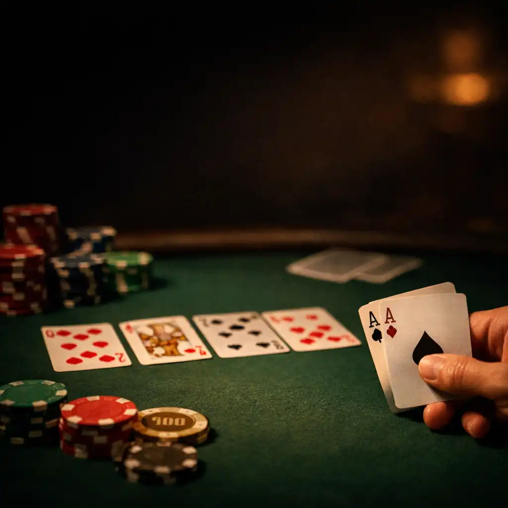 Detail pokerového stolu s kartami a žetony