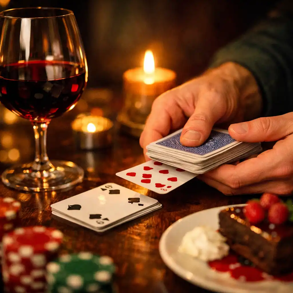 Detailní záběr na ruce rozdávající pokerové karty na tmavém dřevěném stole, vedle sklenice červeného vína a talíř s dezertem