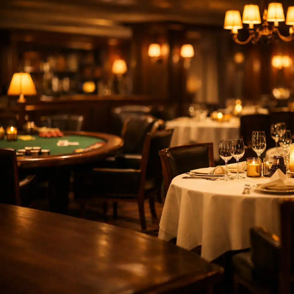 Elegantní restaurační sál s prostřenými stoly a teplým osvětlením, v pozadí jemně viditelný pokerový stůl