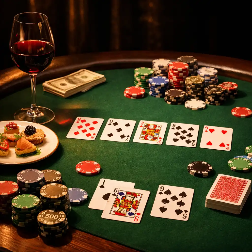 Pohled na pokerový stůl z mírného nadhledu, žetony a karty rozložené, vedle stolu sklenice s vínem a talíř s amuse-bouche