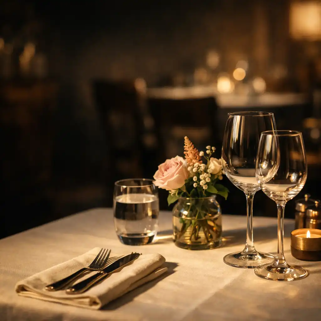 Prostřený stůl v restauraci s vínem a květinovou výzdobou