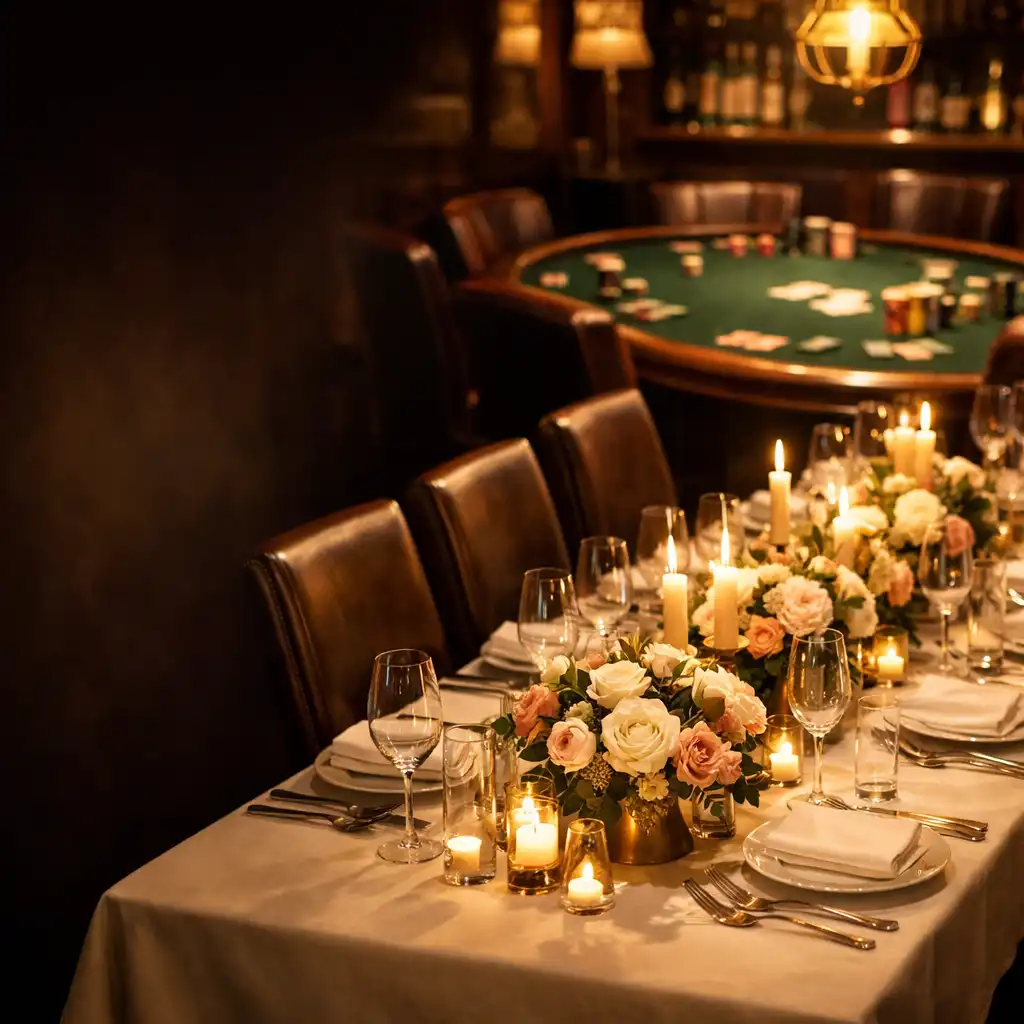 Elegantně prostřený stůl pro soukromou akci s pokerovými prvky v Gastronomickém Kydvuru