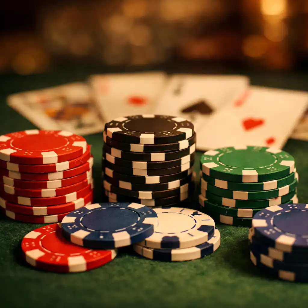 Pokerové žetony a karty na stole v Gastronomickém Kydvuru