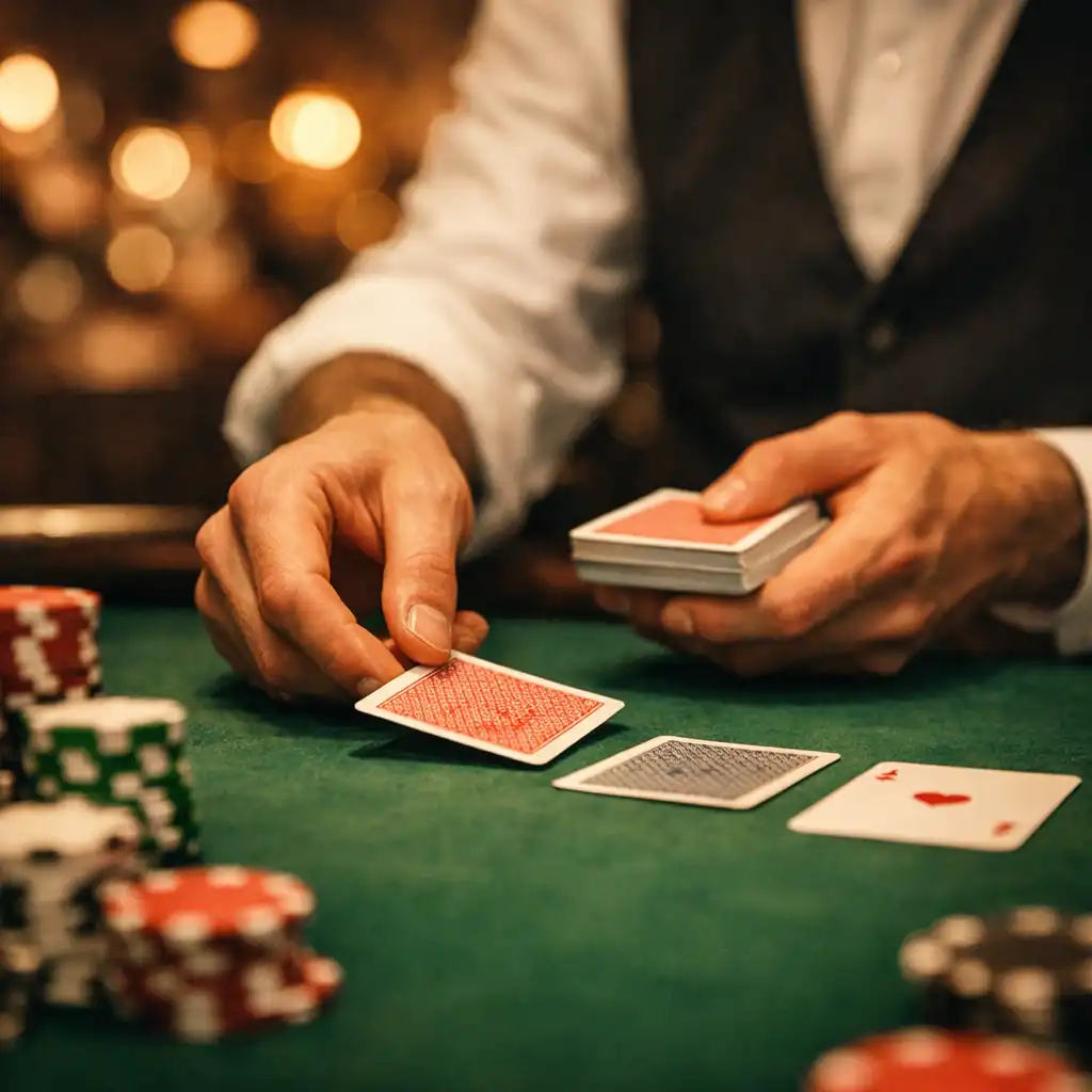Ruce dealera rozdávající karty na pokerovém stole v Gastronomickém Kydvuru